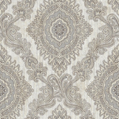 Wallquest Villa Rosa Damask Silver Wallpaper Floral Classic Acrylic Coated