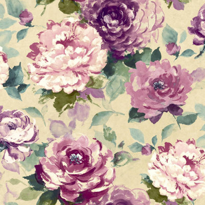 Wallquest Villa Rosa Floral Chintz Purple Wallpaper Botanical Feature Wall