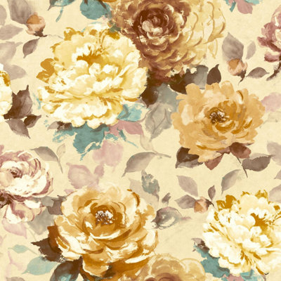 Wallquest Villa Rosa Floral Chintz Yellow Wallpaper Botanical Feature Wall