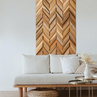 Wallsupply UltraWood Chevron Herringbone Solid Teak Wood Hardwood Panels, Wall Cladding 3D Interlocking Tiles, 40pcs 2.76m²
