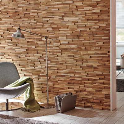 Wallsupply UltraWood Firenze Solid Teak Wood Panels, Wall Cladding 3D Interlocking Tiles, 40pcs 3.6m²