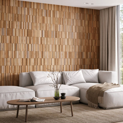 Wallsupply UltraWood Vertical Solid Teak Wood Hardwood Panels, Wall Cladding 3D Interlocking Tiles, 72pcs 4.68m²
