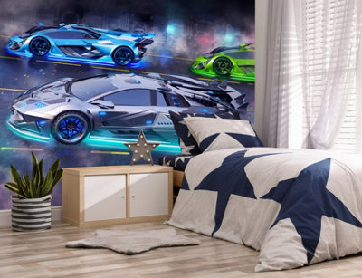 Walltastic Neon Supercars Multicolour Smooth Wallpaper Mural 8ft high x 10ft wide