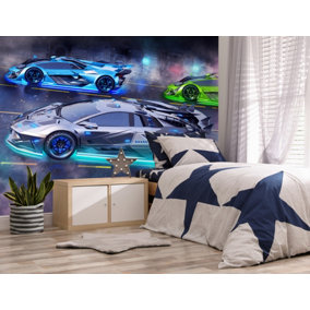 Walltastic Neon Supercars Multicolour Smooth Wallpaper Mural 8ft high x 10ft wide