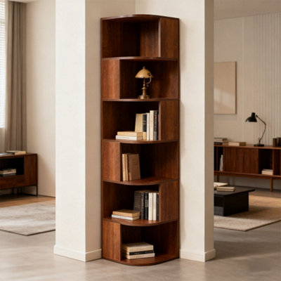Walnut-colored Six-tier Wooden Corner Living room Storage Shelf, 40cm ...