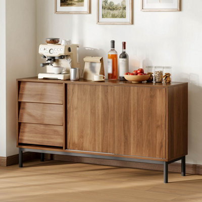 Walnut Effect Sideboard Cabinet with 3 Drawers and 2 Sliding Doors - 150cm