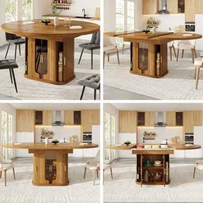 Walnut Extendable Dining Table with Integrated Storage & Glass Doors - Round to Oval, Seats 6