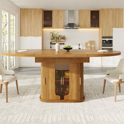 Walnut Extendable Dining Table with Integrated Storage & Glass Doors - Round to Oval, Seats 6