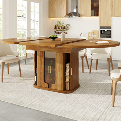 Walnut Extendable Dining Table with Integrated Storage & Glass Doors - Round to Oval, Seats 6