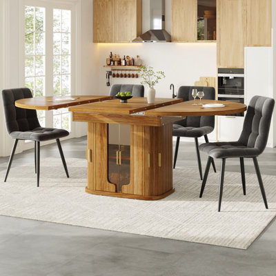 Walnut Extendable Dining Table with Integrated Storage & Glass Doors - Round to Oval, Seats 6