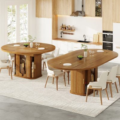 Walnut Extendable Dining Table with Integrated Storage & Glass Doors - Round to Oval, Seats 6