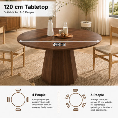 Walnut Farmhouse Round Dining Table - 120cm, Seats 4-6, for Kitchen & Dining Room