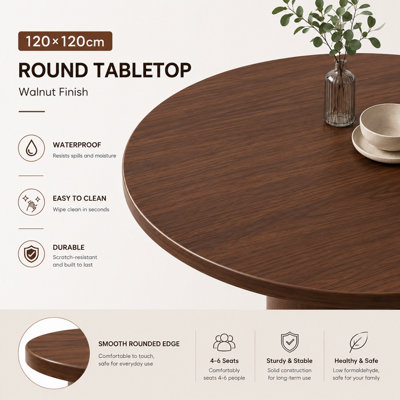 Walnut Farmhouse Round Dining Table - 120cm, Seats 4-6, for Kitchen & Dining Room