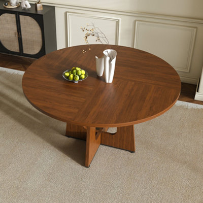 Walnut Finish Round Dining Table 120cm - Farmhouse Style 4-6 Seater Kitchen & Dining Room Table with Easy Assembly