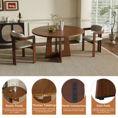 Walnut Finish Round Dining Table 120cm - Farmhouse Style 4-6 Seater Kitchen & Dining Room Table with Easy Assembly