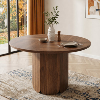 Walnut Finish Round Dining Table - Seats 4-6 (120cm) - Modern Farmhouse Style