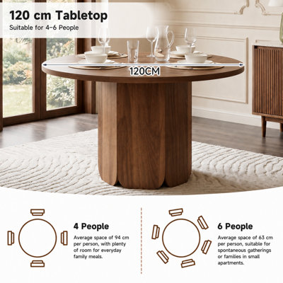 Walnut Finish Round Dining Table - Seats 4-6 (120cm) - Modern Farmhouse Style