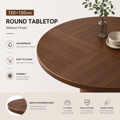 Walnut Finish Round Dining Table - Seats 4-6 (120cm) - Modern Farmhouse Style