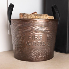Walnut Large Leather Handled Fireside Wood Bucket Iron Leather Antique Brass