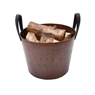 Walnut Large Leather Handled Fireside Wood Bucket Iron Leather Antique Brass - 3