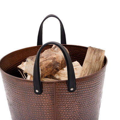 Walnut Large Leather Handled Fireside Wood Bucket Iron Leather Antique Brass - 4