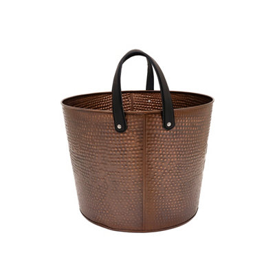 Walnut Large Leather Handled Fireside Wood Bucket Iron Leather Antique Brass - 6