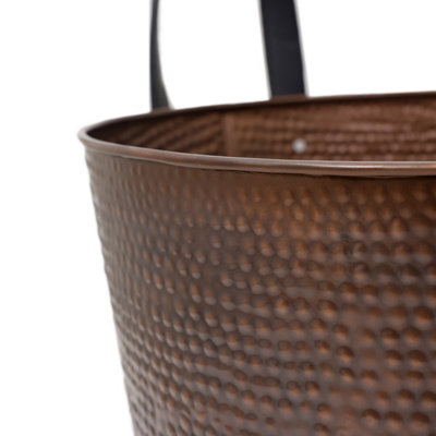 Walnut Large Leather Handled Fireside Wood Bucket Iron Leather Antique Brass - 7