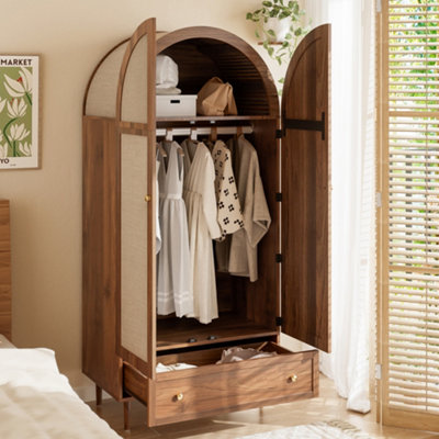 Walnut Look Wardrobe with Fabric Doors & Drawer - Sturdy Wooden