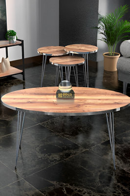 Walnut Nesting Side Tables And Coffee Table-Set Of 4-3 End Tables-Stacking Side Tables With Silver Metal legs