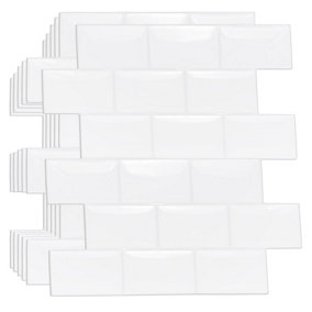 Walplus 100 Pieces 30.5 x 15.4 cm Pure White Glossy Peel and Stick 3D Wall Tiles Sticker Adhesive Stick on Tiles for Backsplash