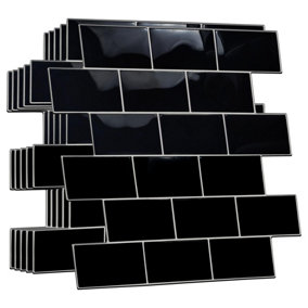 Walplus 100Pcs Black Metro Subway 3D Peel and Stick Wall Tile Stickers - 30.5x15.4cm Adhesive Stick on Tiles for Kitchen