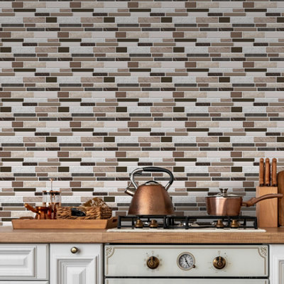 Walplus 12Pcs Golden Stone Brown Mosaic 2D Peel and Stick Wall Tiles Sticker - Adhesive Stick on Tiles for Backsplash  28.5x14cm