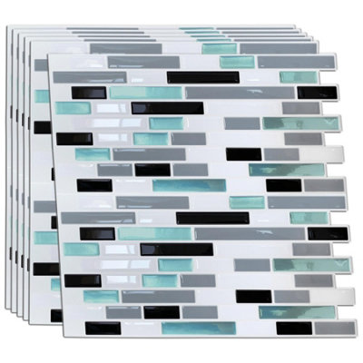 Walplus 12Pcs Metallic Turquoise Mosaic Glossy 3D Tile Stickers - Peel and Stick on Wall Tiles for Kitchen 30.5 x 15.4cm