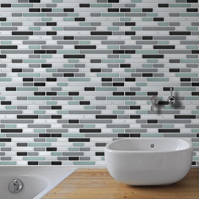 Walplus 12Pcs Metallic Turquoise Mosaic Glossy 3D Tile Stickers - Peel and Stick on Wall Tiles for Kitchen 30.5 x 15.4cm