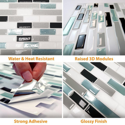 Walplus 12Pcs Metallic Turquoise Mosaic Glossy 3D Tile Stickers - Peel and Stick on Wall Tiles for Kitchen 30.5 x 15.4cm