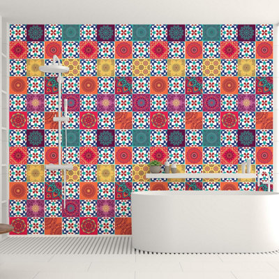 Walplus 144Pcs 15x15cm Persian Mandala Azulejo Peel and Stick 3D Wall Tiles Sticker - Self Adhesive Stick on Tiles for Kitchen