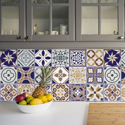 Walplus 144Pcs Indigo and Peanut Azulejo Peel and Stick Wall Tiles Sticker Adhesive Stick on Tiles for Backsplash 15x15cm