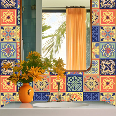 Walplus Peel and Stick Wall Tile Sticker Kitchen Bathroom Backsplash Splashback Tile Paint Stick on Tile Daliah Blue and Turquoise Mediterranean