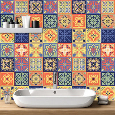 Walplus Peel and Stick Wall Tile Sticker Kitchen Bathroom Backsplash Splashback Tile Paint Stick on Tile Daliah Blue and Turquoise Mediterranean