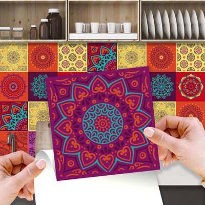 Walplus 24 Pieces 15x15cm Colourful Mandala Peel and Stick Wall Tiles Sticker - Self Adhesive Stick on Tiles for Kitchen