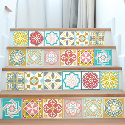 Walplus 24 Pieces 15x15cm Malia Colourful Peel and Stick Wall Tiles Sticker - Self Adhesive Stick on Tiles for Stairs Kitchen