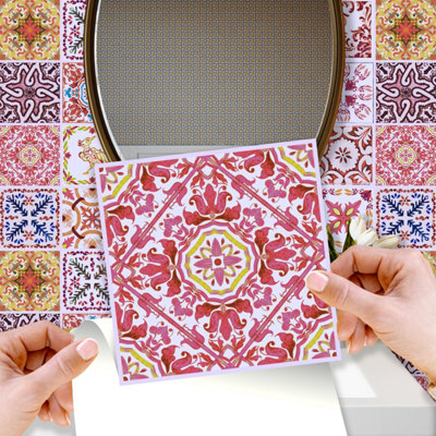 Walplus 24 Pieces 15x15cm Moroccan Rose Red Mosaic Peel and Stick Wall Tiles Sticker - Self Adhesive Stick on Tiles for Kitchen