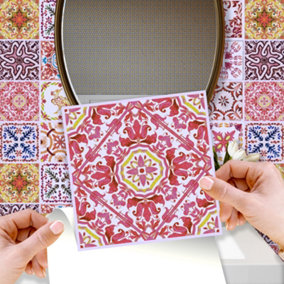 Walplus 24 Pieces 15x15cm Moroccan Rose Red Mosaic Peel and Stick Wall Tiles Sticker - Self Adhesive Stick on Tiles for Kitchen