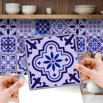 Walplus 24 Pieces 15x15cm Spanish & Moroccan Blue Peel and Stick Wall Tiles Sticker - Self Adhesive Stick on Tiles for Kitchen