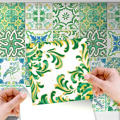 Walplus 24 Pieces 15x15cm Turkish Green Mosaic Peel and Stick Wall Tiles Sticker - Self Adhesive Stick on Tiles for Kitchen