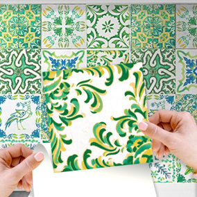 Walplus 24 Pieces 15x15cm Turkish Green Mosaic Peel and Stick Wall Tiles Sticker - Self Adhesive Stick on Tiles for Kitchen