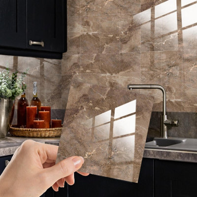 Walplus 24Pcs Glossy Thick Marble Peel and Stick Wall Tiles Sticker - Adhesive Stick on Tiles for Backsplash 15x15 cm Copper Brown