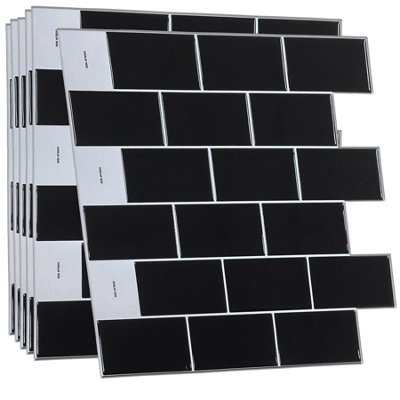 Walplus 24Pcs London Metro Brick Pure Black Glossy 3D Tile Sticker 30.5 x 30.5cm - Adhesive Stick on Tiles for Backsplash Kitchen