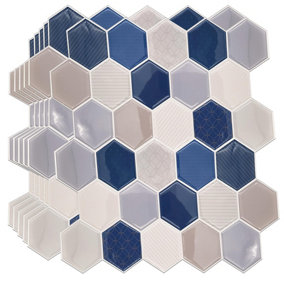 Walplus 3D Tile Stickers Honey Hexa Blue and Cream Epoxy