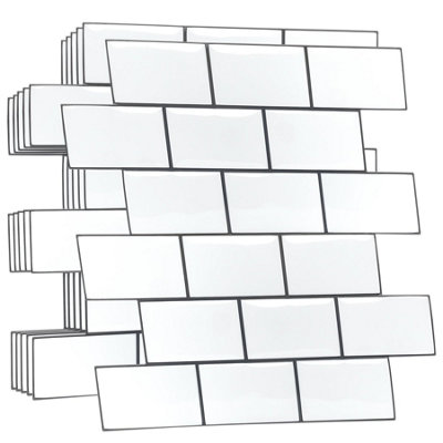 Walplus 40 Pieces 30.5 x 15.4 cm Pure White Grey Peel and Stick 3D Wall Tiles Sticker Adhesive Stick on Tiles for Backsplash